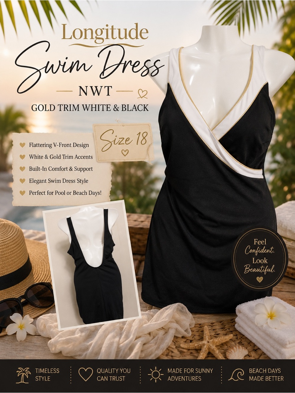 Longitude Black Swim Dress Suit White & Gold Trim V-Front NWT